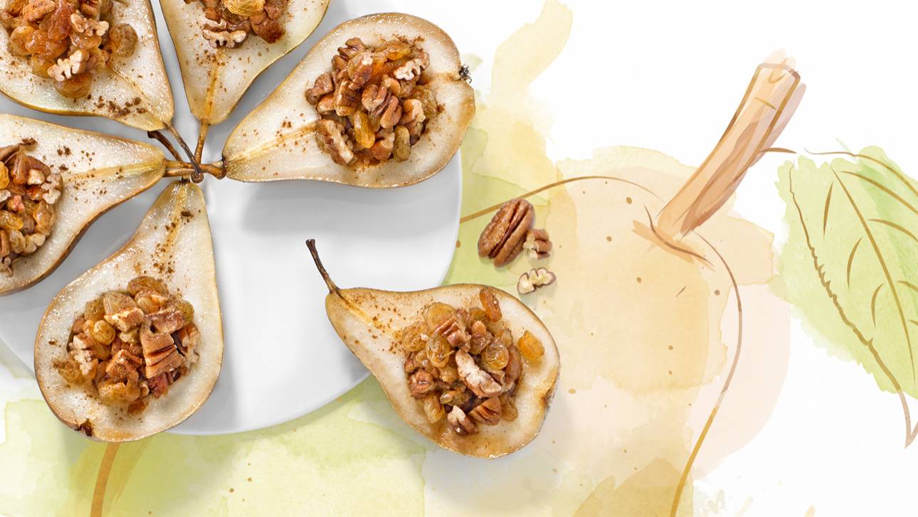 Poires rôties, miel et noix